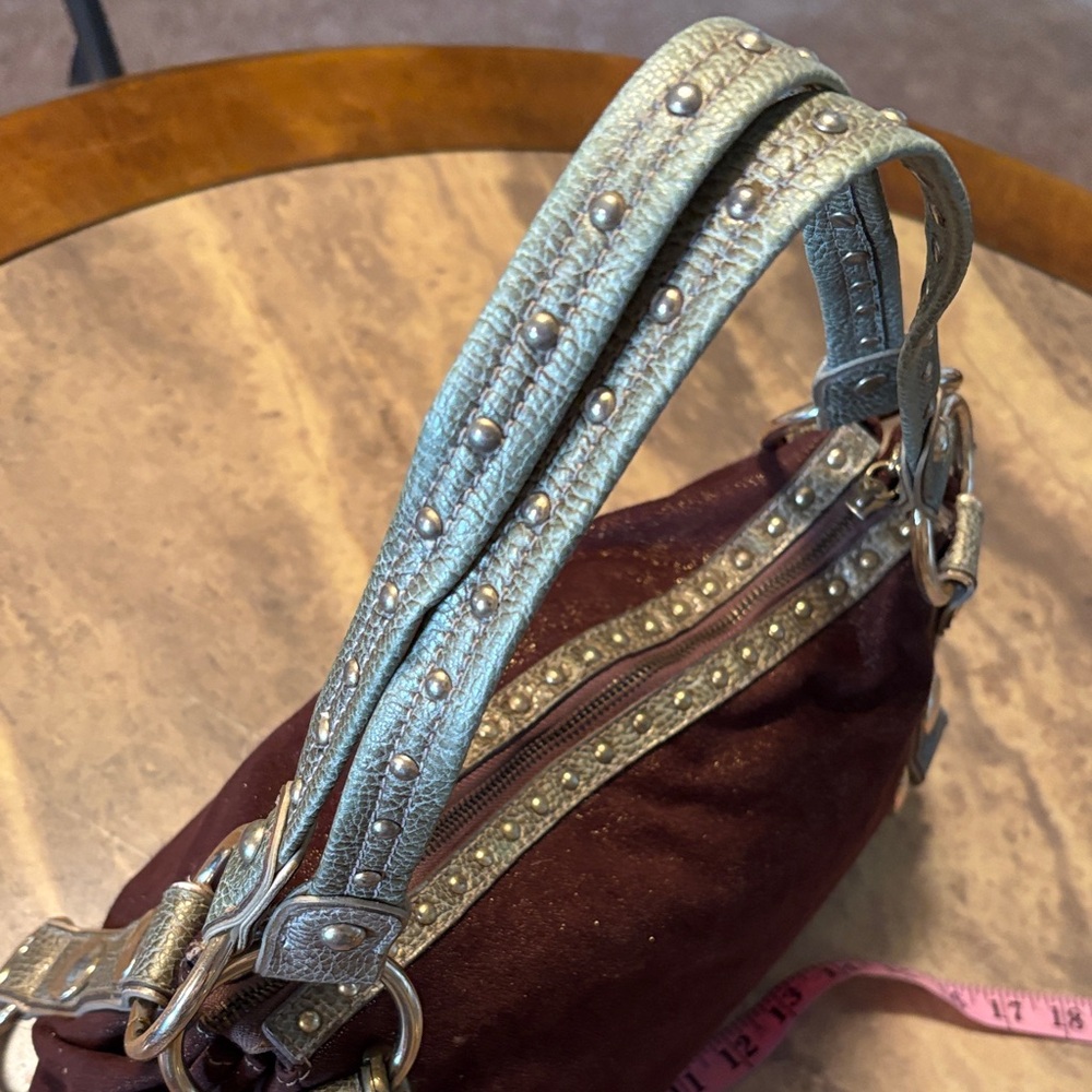 Brown Sparkle Suede Handbag with Gold Accents Charm Keychain Kathy Van Zeeland - Picture 13 of 16